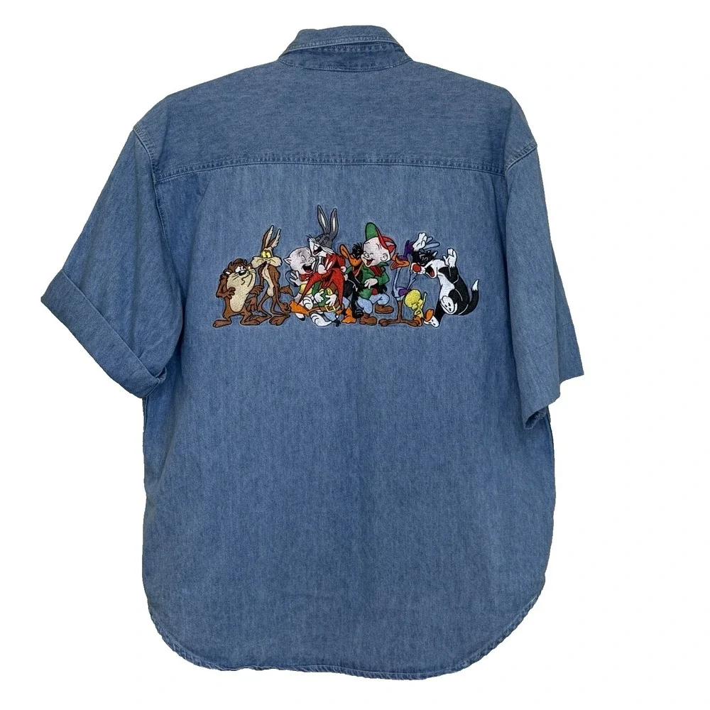 Vintage Denim Looney Tunes Acme Clothing Co. Embroidered Button Up Shirt Size XL